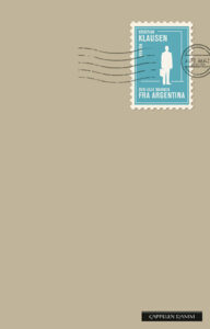 Bokforside til Den lille mannen fra Argentina. Ensfarget brungrå med turkis frimerke