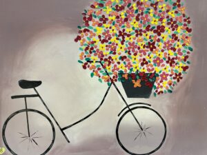 Maleri av Sooka som viser en stilisert sykkel med kurv full av blomster i mange farger.