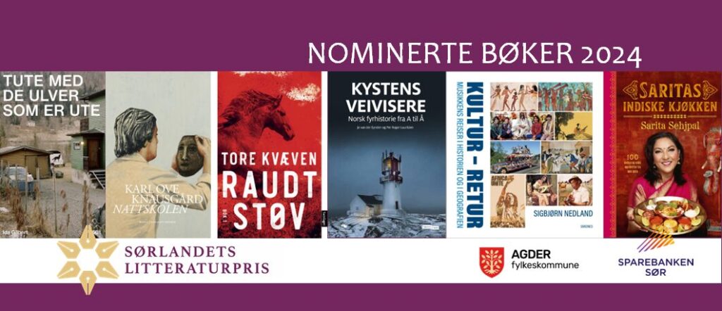 Plakat / banner som viser bokforsidene på de seks nominerte titlene til Sørlandets litteraturpris 2024. 