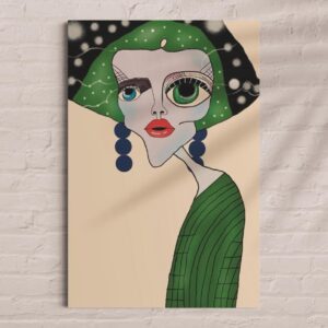 Digitalt tegning av en dame, som har på grønn topp og grønt hår. Hun har store grønne øredobber og sort hat.